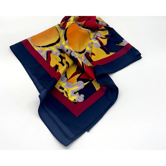Vintage Handrolled Scarf with Navy Border and Sunburst Pattern - Picture 6 of 6